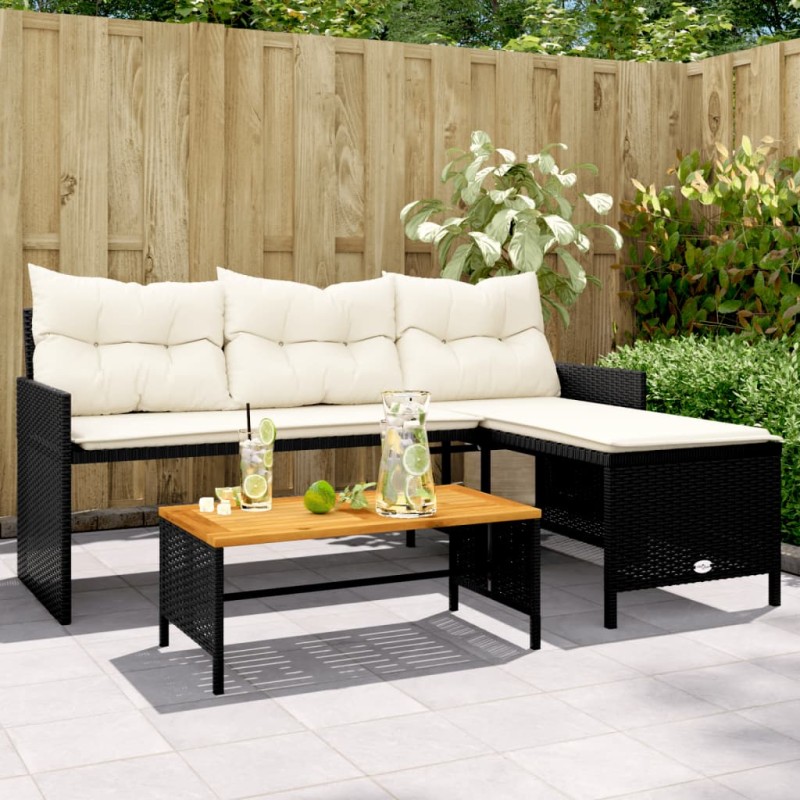 vidaXL Sofá de jardín en forma de L con mesa y cojines ratán PE negro vidaXL Sofá de jardín en forma de L con mesa y cojines ratán PE negro