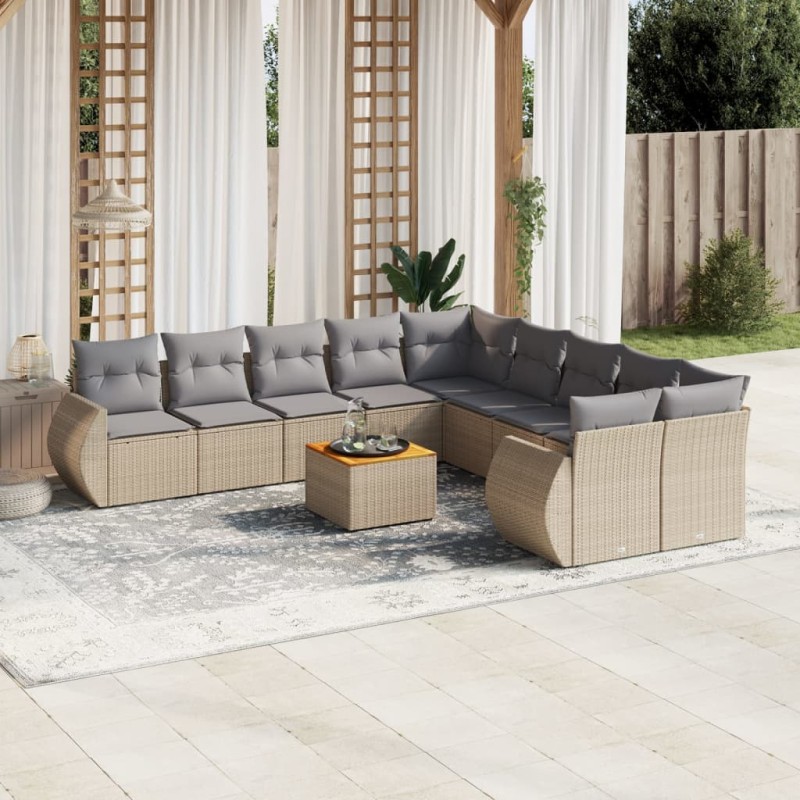 vidaXL Set de sofás de jardín 11pzas con cojines ratán sintético beige vidaXL Set de sofás de jardín 11pzas con cojines ratán sintético beige