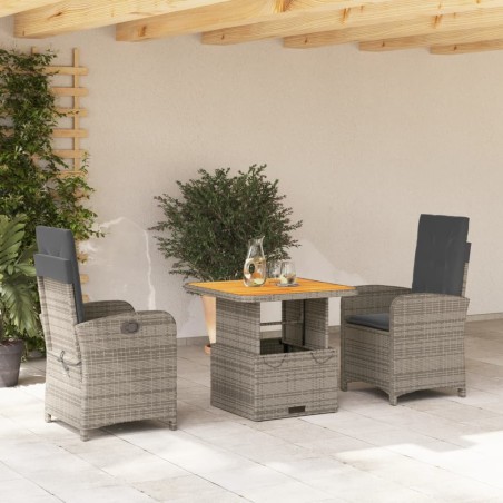 vidaXL Set comedor de jardín 3 piezas con cojines ratán sintético gris