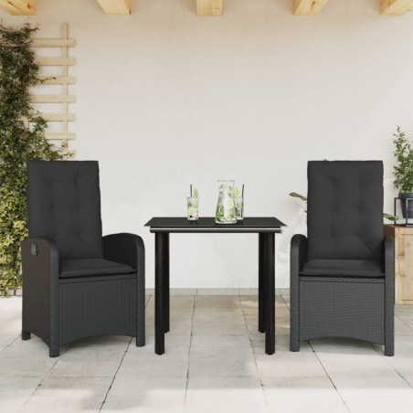 vidaXL Set comedor de jardín 3 pzas con cojines ratán sintético negro