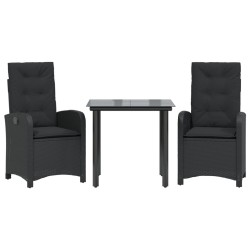 vidaXL Set comedor de jardín 3 pzas con cojines ratán sintético negro