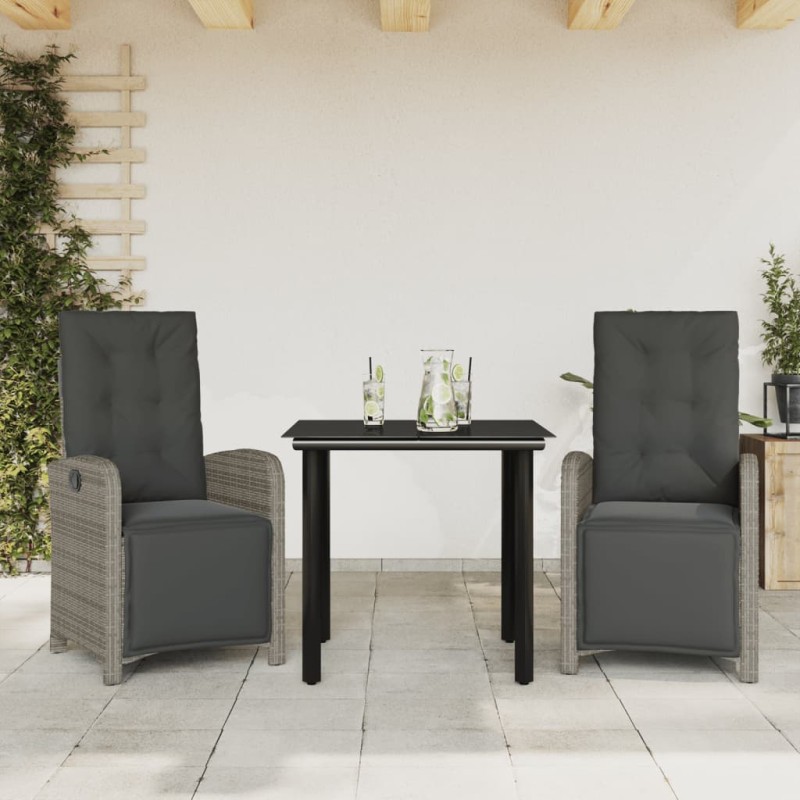 vidaXL Sillas y mesita de jardín con cojines 3 piezas ratán PE gris vidaXL Sillas y mesita de jardín con cojines 3 piezas ratán PE gris