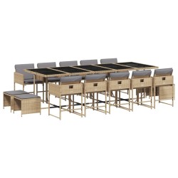 vidaXL Set comedor de jardín con cojines 15 pzas ratán sintético beige