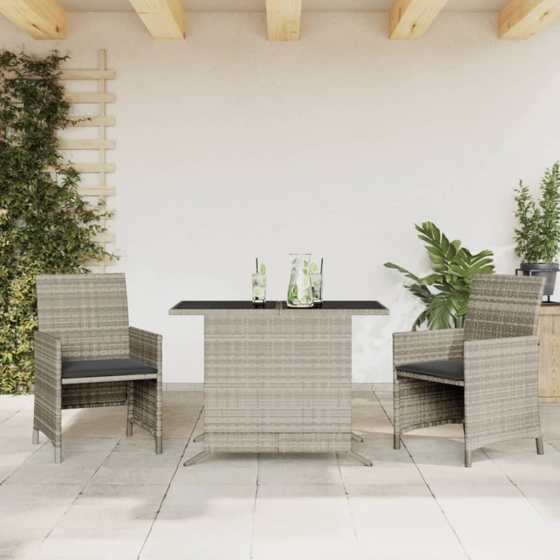 vidaXL Sillas y mesita de jardín 3 piezas ratán sintético cojín gris vidaXL Sillas y mesita de jardín 3 piezas ratán sintético cojín gris