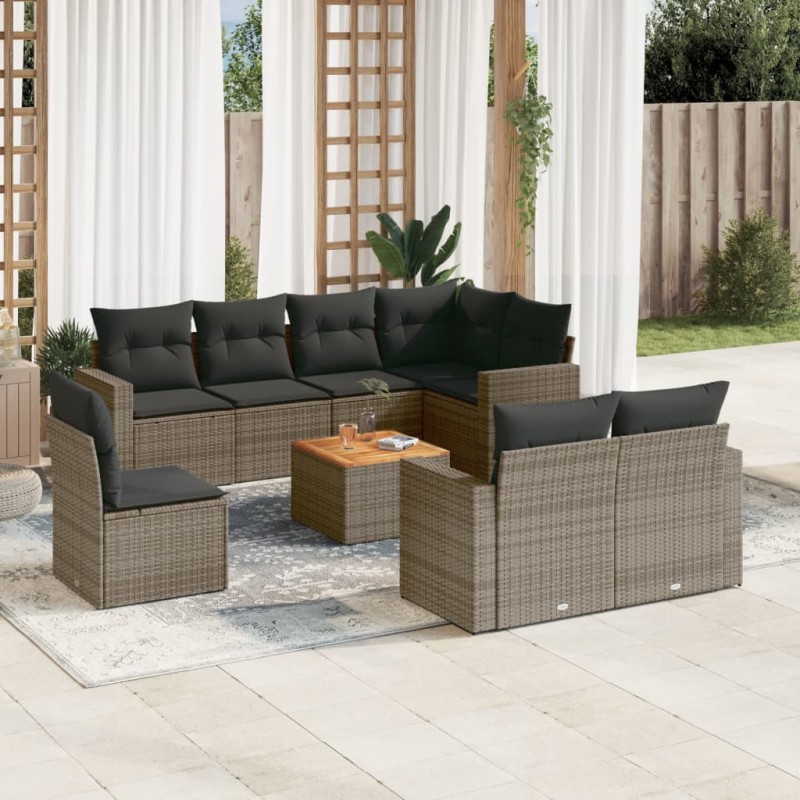 vidaXL Set de muebles de jardín 9 pzas y cojines ratán sintético gris vidaXL Set de muebles de jardín 9 pzas y cojines ratán sintético gris