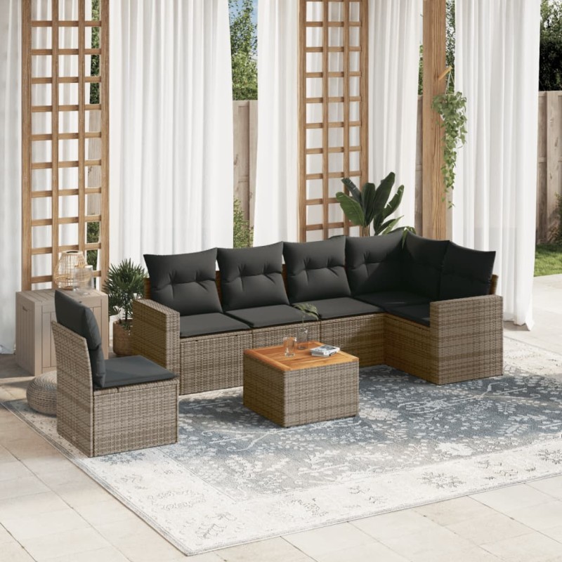 vidaXL Set de sofás de jardín 7 piezas con cojines ratán PE gris vidaXL Set de sofás de jardín 7 piezas con cojines ratán PE gris