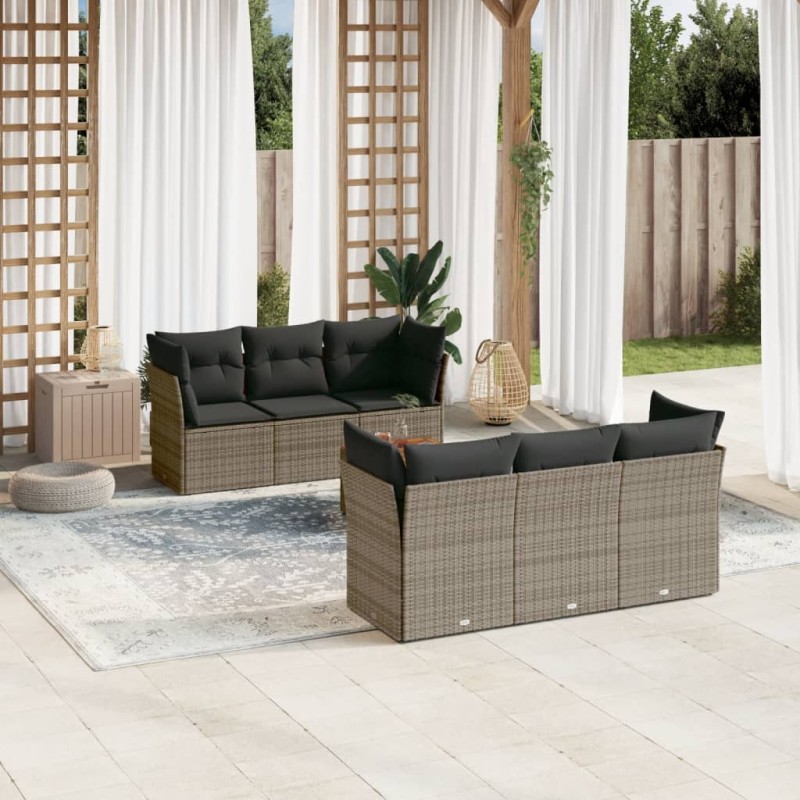 vidaXL Set de sofás de jardín 7 piezas con cojines ratán PE gris vidaXL Set de sofás de jardín 7 piezas con cojines ratán PE gris