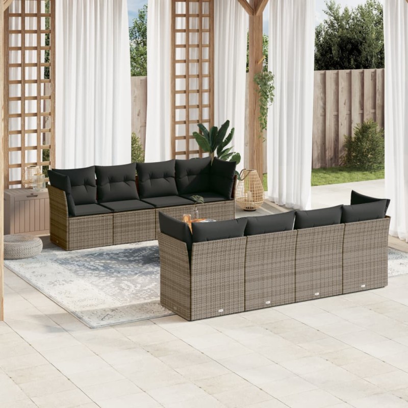 vidaXL Set de muebles de jardín 9 pzas y cojines ratán sintético gris vidaXL Set de muebles de jardín 9 pzas y cojines ratán sintético gris