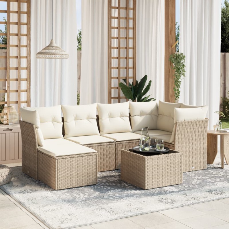 vidaXL Set sofás de jardín 7 piezas y cojines ratán sintético beige vidaXL Set sofás de jardín 7 piezas y cojines ratán sintético beige