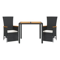 vidaXL Set comedor de jardín 3 pzas con cojines ratán sintético negro