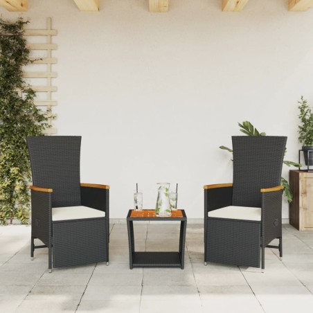 vidaXL Set comedor de jardín 3 pzas con cojines ratán sintético negro