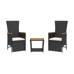 vidaXL Set comedor de jardín 3 pzas con cojines ratán sintético negro