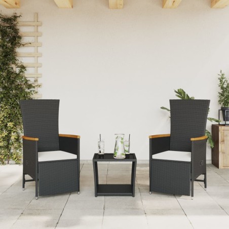 vidaXL Set comedor de jardín 3 pzas con cojines ratán sintético negro