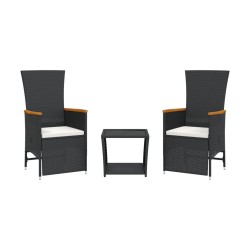 vidaXL Set comedor de jardín 3 pzas con cojines ratán sintético negro