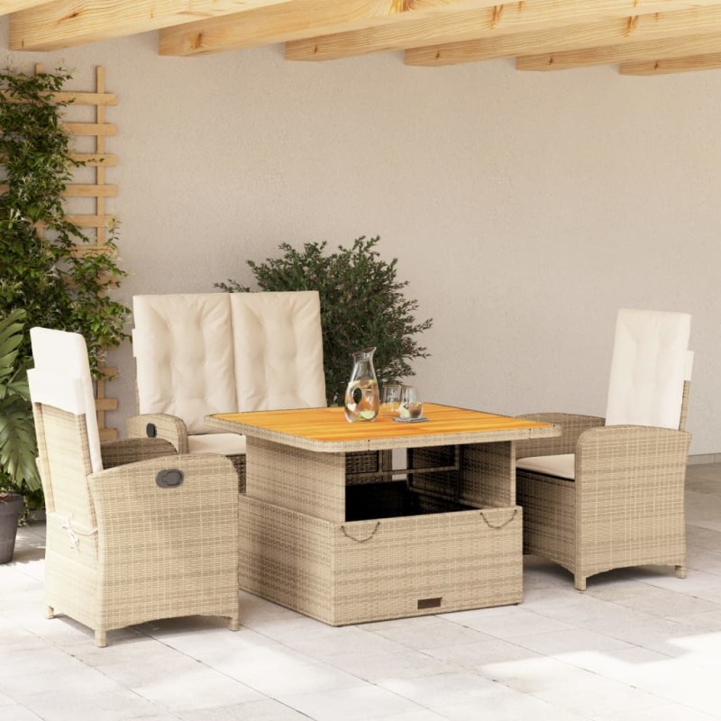 vidaXL Set de comedor jardín con cojines 4 pzas ratán sintético beige