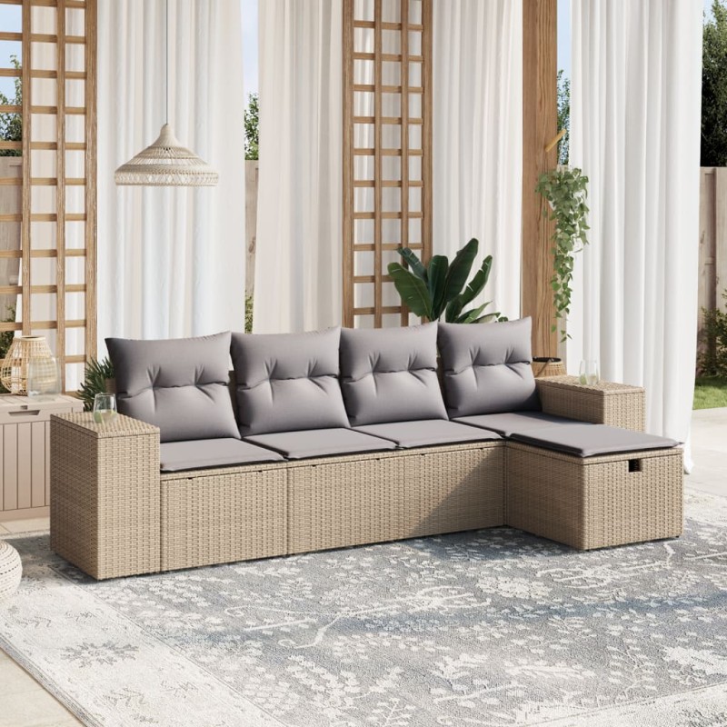 vidaXL Juego de sofás jardín con cojines beige mezcla 5 pzas ratán PE vidaXL Juego de sofás jardín con cojines beige mezcla 5 pzas ratán PE