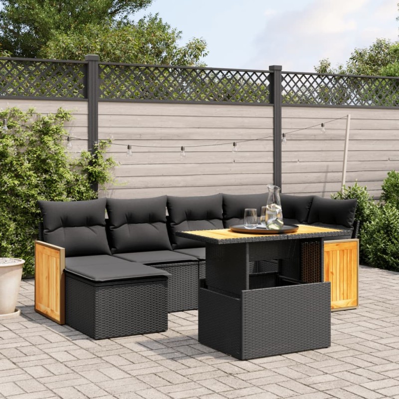 vidaXL Set de comedor de jardín 7 pzas y cojines ratán sintético negro vidaXL Set de comedor de jardín 7 pzas y cojines ratán sintético negro