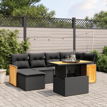 vidaXL Set de comedor de jardín 7 pzas y cojines ratán sintético negro