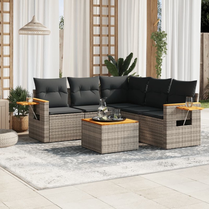 vidaXL Set de muebles de jardín 6 pzas y cojines ratán sintético gris vidaXL Set de muebles de jardín 6 pzas y cojines ratán sintético gris
