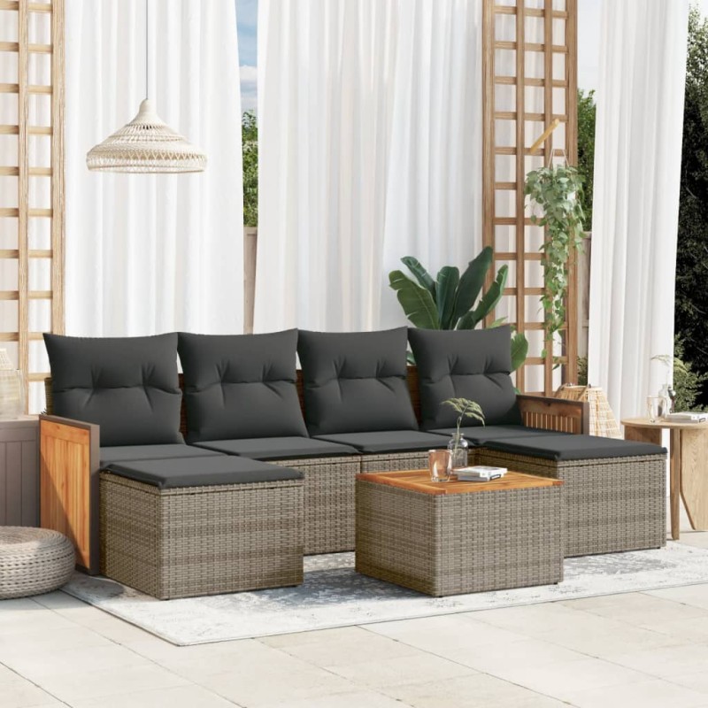 vidaXL Set de sofás de jardín 7 piezas con cojines ratán PE gris