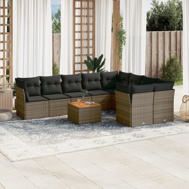 vidaXL Set de sofás de jardín 10 pzas con cojines ratán sintético gris vidaXL Set de sofás de jardín 10 pzas con cojines ratán sintético gris