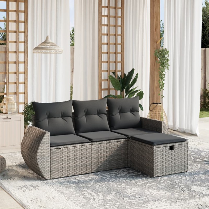 vidaXL Set de sofás de jardín 4 pzas y cojines ratán sintético gris vidaXL Set de sofás de jardín 4 pzas y cojines ratán sintético gris