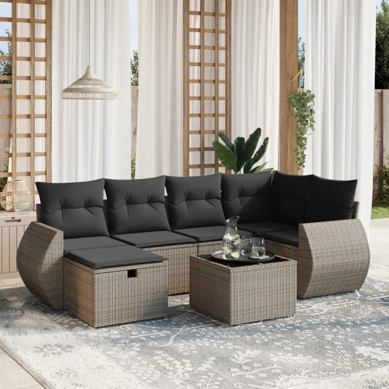 vidaXL Set de sofás de jardín 7 piezas con cojines ratán PE gris vidaXL Set de sofás de jardín 7 piezas con cojines ratán PE gris