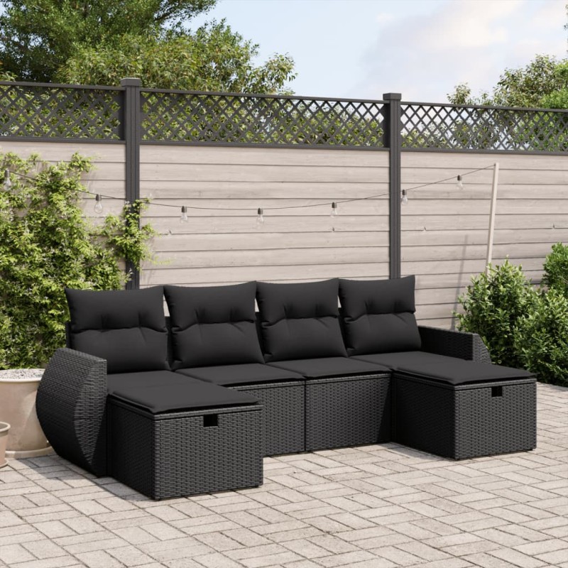 vidaXL Set de sofás de jardín 6 piezas y cojines ratán sintético negro vidaXL Set de sofás de jardín 6 piezas y cojines ratán sintético negro