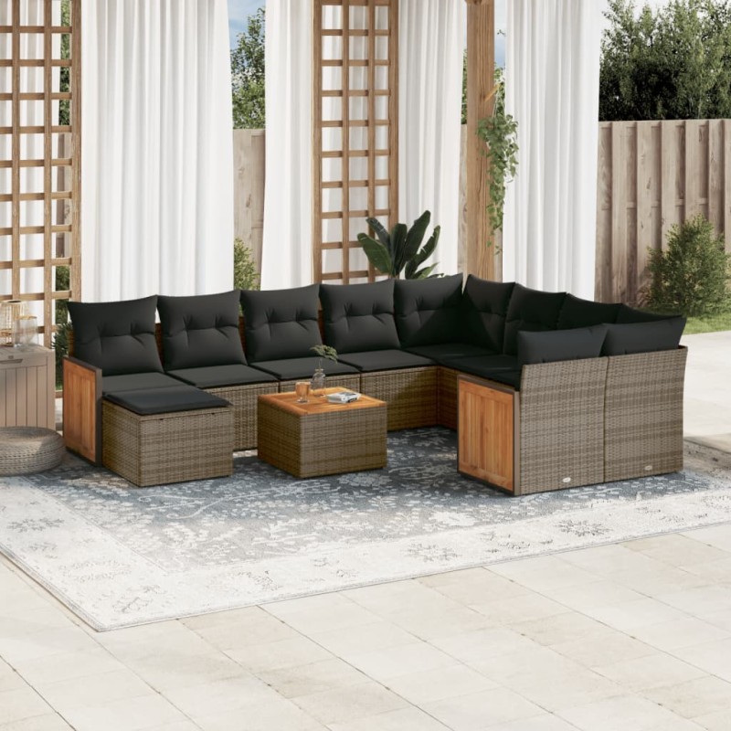 vidaXL Set de sofás de jardín 11 pzas y cojines ratán sintético gris vidaXL Set de sofás de jardín 11 pzas y cojines ratán sintético gris