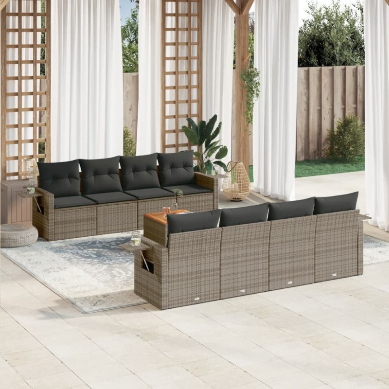 vidaXL Set de muebles de jardín 9 pzas y cojines ratán sintético gris