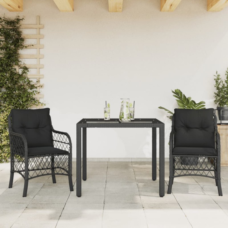 vidaXL Mesita y sillas con cojines 3 piezas ratán sintético negro vidaXL Mesita y sillas con cojines 3 piezas ratán sintético negro