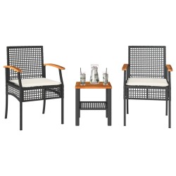 vidaXL Mesita y sillas con cojines 3 pzas ratán PE madera acacia negro