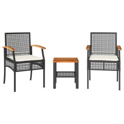 vidaXL Mesita y sillas con cojines 3 pzas ratán PE madera acacia negro