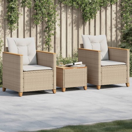 vidaXL Mesita y sillas con cojines 3 pzas ratán PE madera acacia beige
