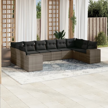 vidaXL Set de sofás de jardín 10 pzas con cojines ratán sintético gris