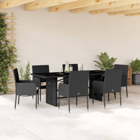 vidaXL Set de comedor de jardín 7 pzas y cojines ratán sintético negro