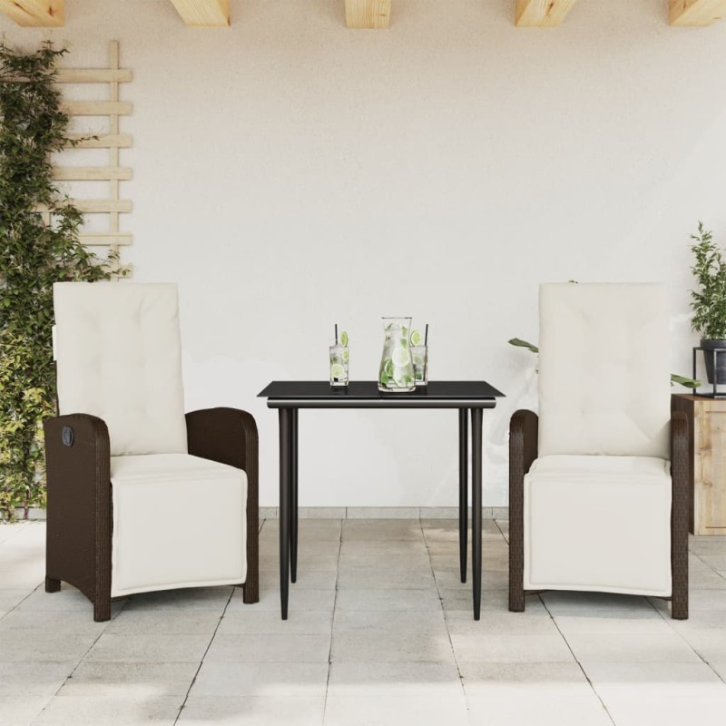 vidaXL Sillas y mesita de jardín con cojines 3 piezas ratán PE marrón