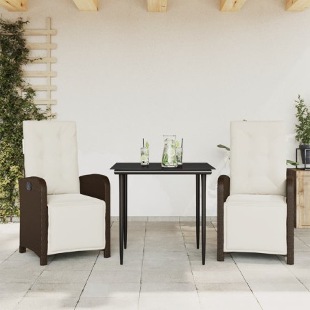 vidaXL Sillas y mesita de jardín con cojines 3 piezas ratán PE marrón