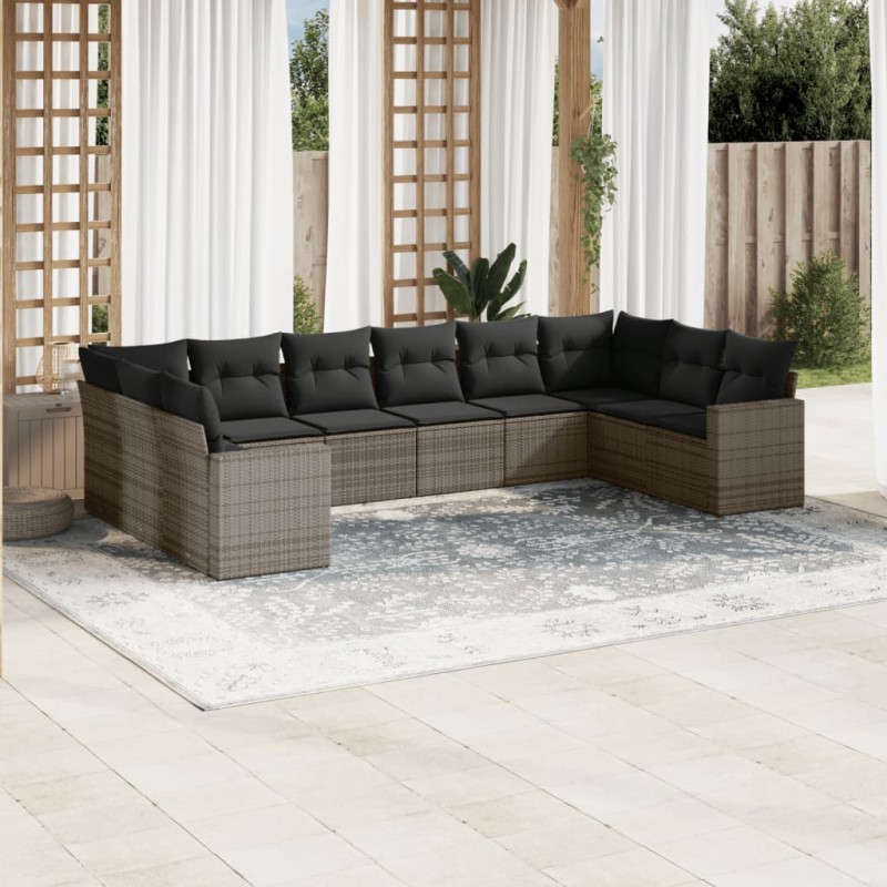 vidaXL Set de sofás de jardín 10 pzas con cojines ratán sintético gris vidaXL Set de sofás de jardín 10 pzas con cojines ratán sintético gris