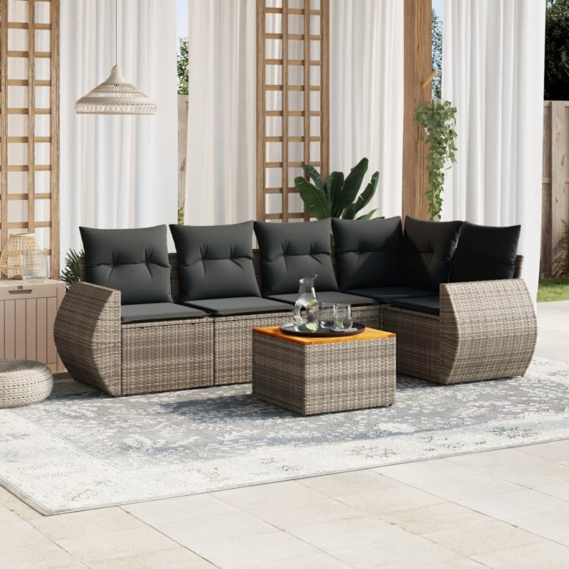 vidaXL Set de muebles de jardín 6 pzas y cojines ratán sintético gris vidaXL Set de muebles de jardín 6 pzas y cojines ratán sintético gris