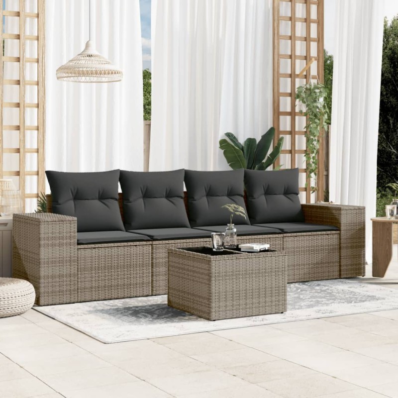 vidaXL Juego de sofás jardín con cojines 5 pzas ratán sintético gris vidaXL Juego de sofás jardín con cojines 5 pzas ratán sintético gris