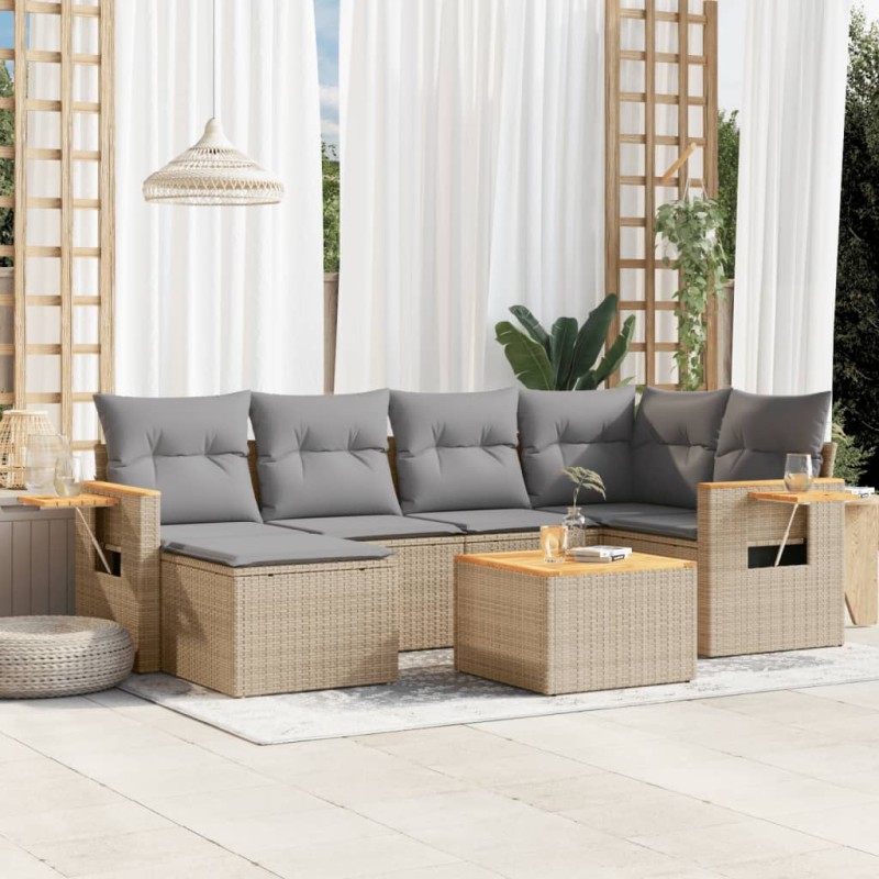 vidaXL Set sofás de jardín 7 piezas y cojines ratán sintético beige vidaXL Set sofás de jardín 7 piezas y cojines ratán sintético beige