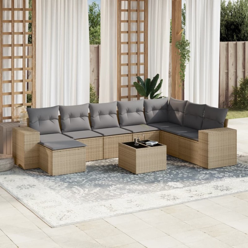 vidaXL Set de sofás de jardín 9 pzas con cojines ratán sintético beige vidaXL Set de sofás de jardín 9 pzas con cojines ratán sintético beige