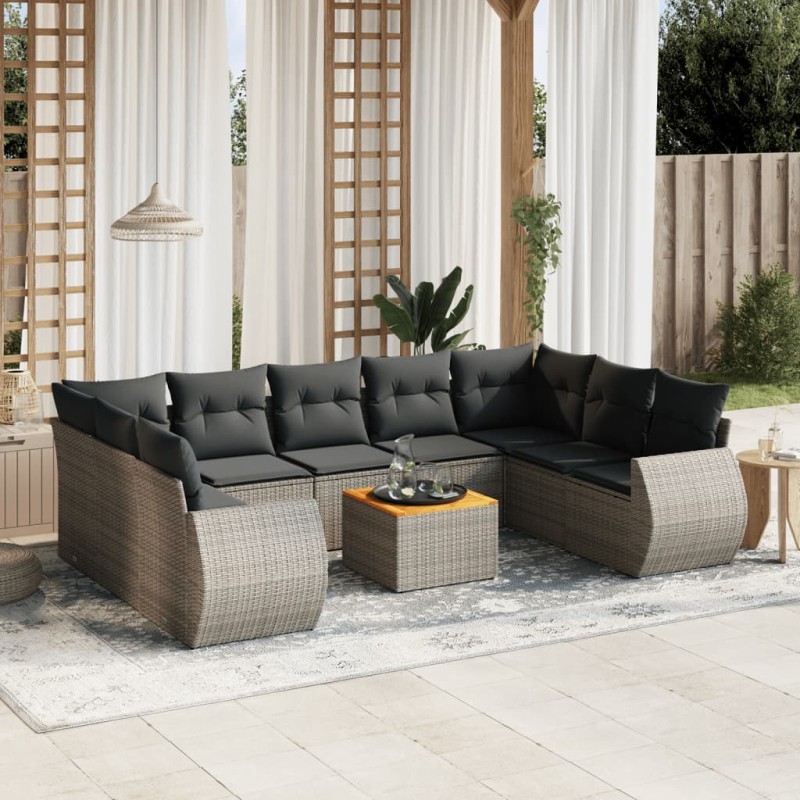 vidaXL Set de sofás de jardín 10 pzas con cojines ratán sintético gris vidaXL Set de sofás de jardín 10 pzas con cojines ratán sintético gris