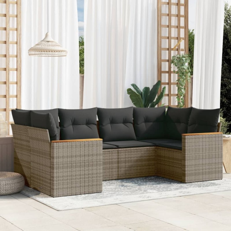 vidaXL Set de muebles de jardín 6 pzas y cojines ratán sintético gris vidaXL Set de muebles de jardín 6 pzas y cojines ratán sintético gris