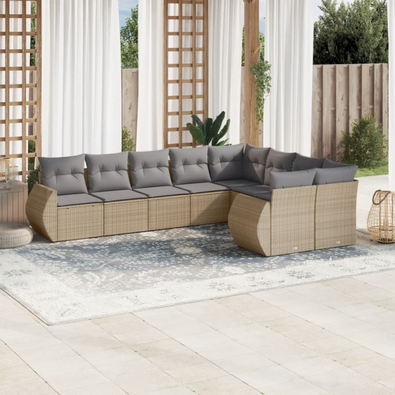 vidaXL Set de sofás de jardín 9 pzas con cojines ratán sintético beige vidaXL Set de sofás de jardín 9 pzas con cojines ratán sintético beige
