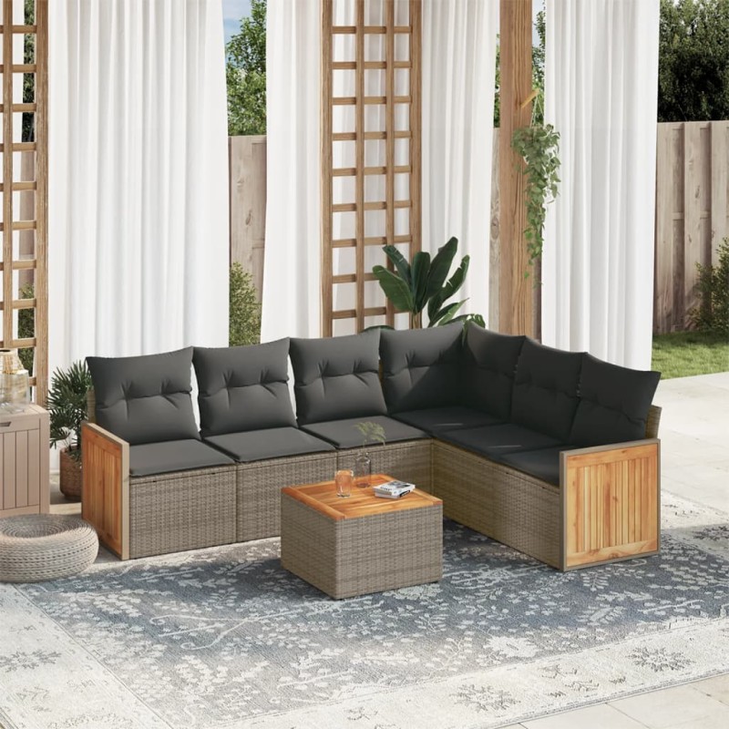 vidaXL Set de sofás de jardín 7 piezas con cojines ratán PE gris vidaXL Set de sofás de jardín 7 piezas con cojines ratán PE gris