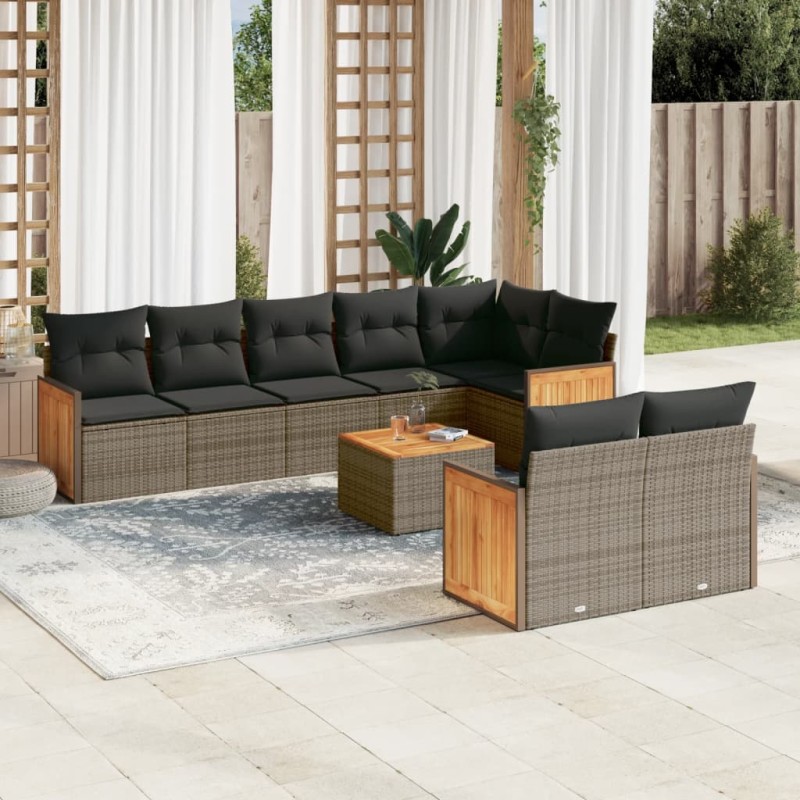 vidaXL Set de muebles de jardín 9 pzas y cojines ratán sintético gris vidaXL Set de muebles de jardín 9 pzas y cojines ratán sintético gris