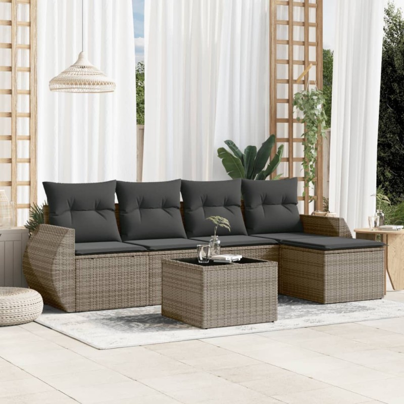 vidaXL Set de muebles de jardín 6 pzas y cojines ratán sintético gris vidaXL Set de muebles de jardín 6 pzas y cojines ratán sintético gris