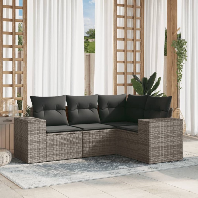 vidaXL Set de sofás de jardín 4 pzas y cojines ratán sintético gris vidaXL Set de sofás de jardín 4 pzas y cojines ratán sintético gris